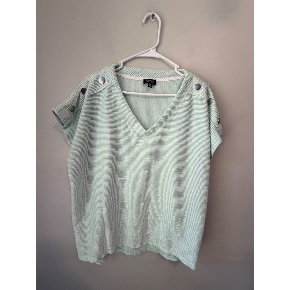 Jones New York Women Mint Green Textured V-Neck Button Shoulder Top XL
